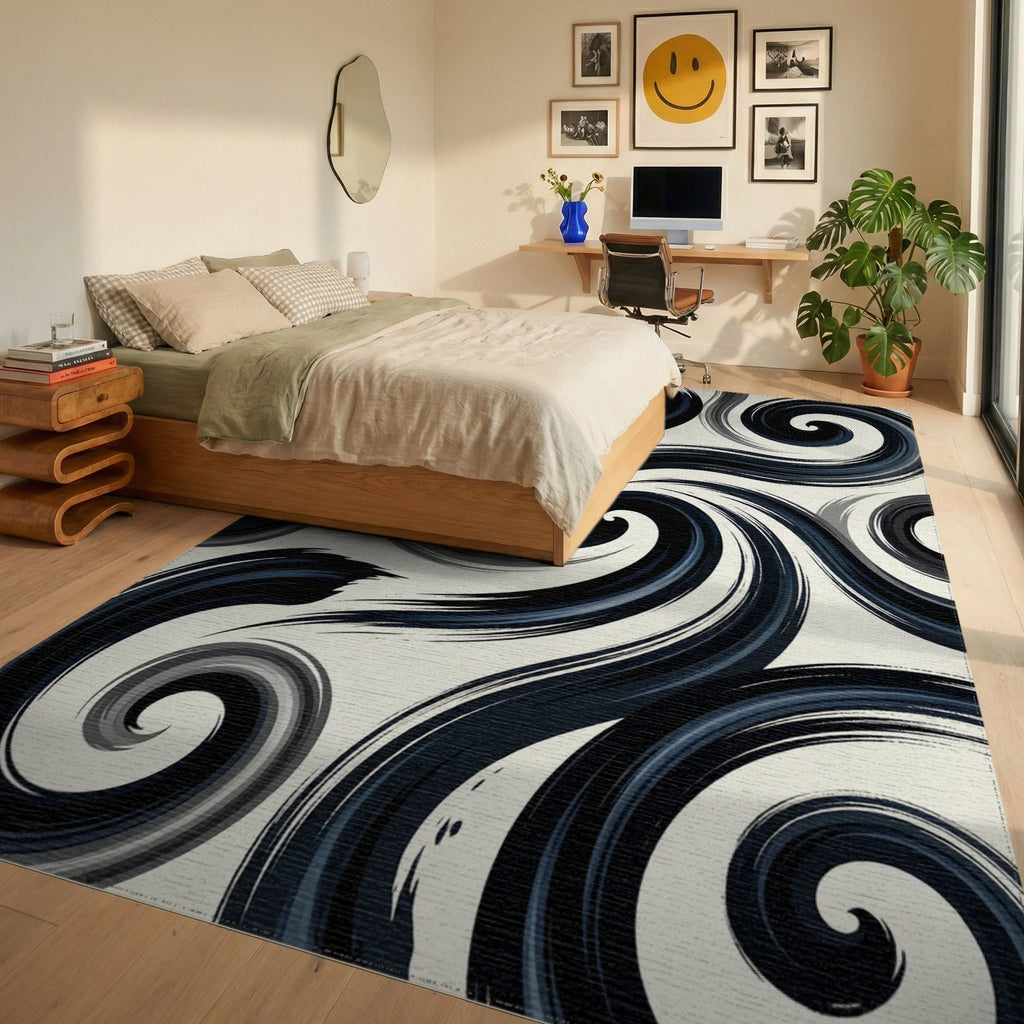 Dark Navy Swirls Abstract Brushstrokes Rug Bedroom View