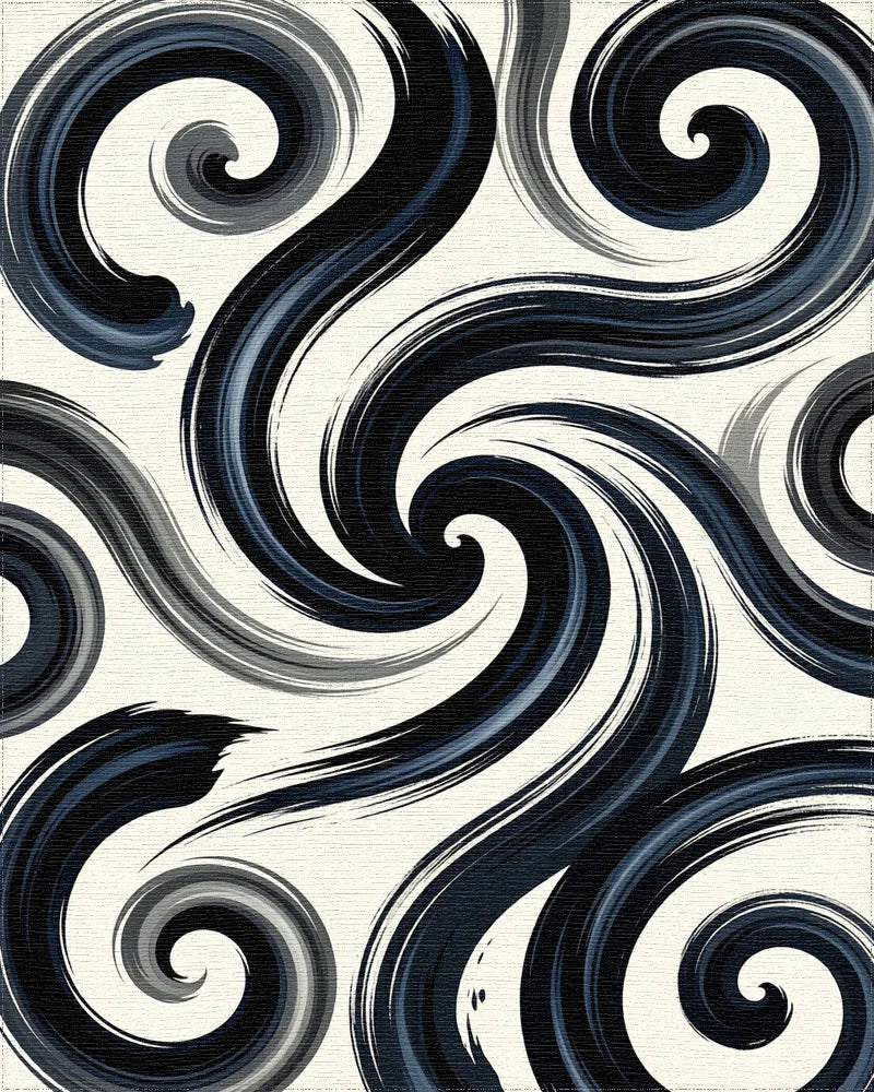 Dark Navy Swirls Abstract Brushstrokes Rug - Cutout View