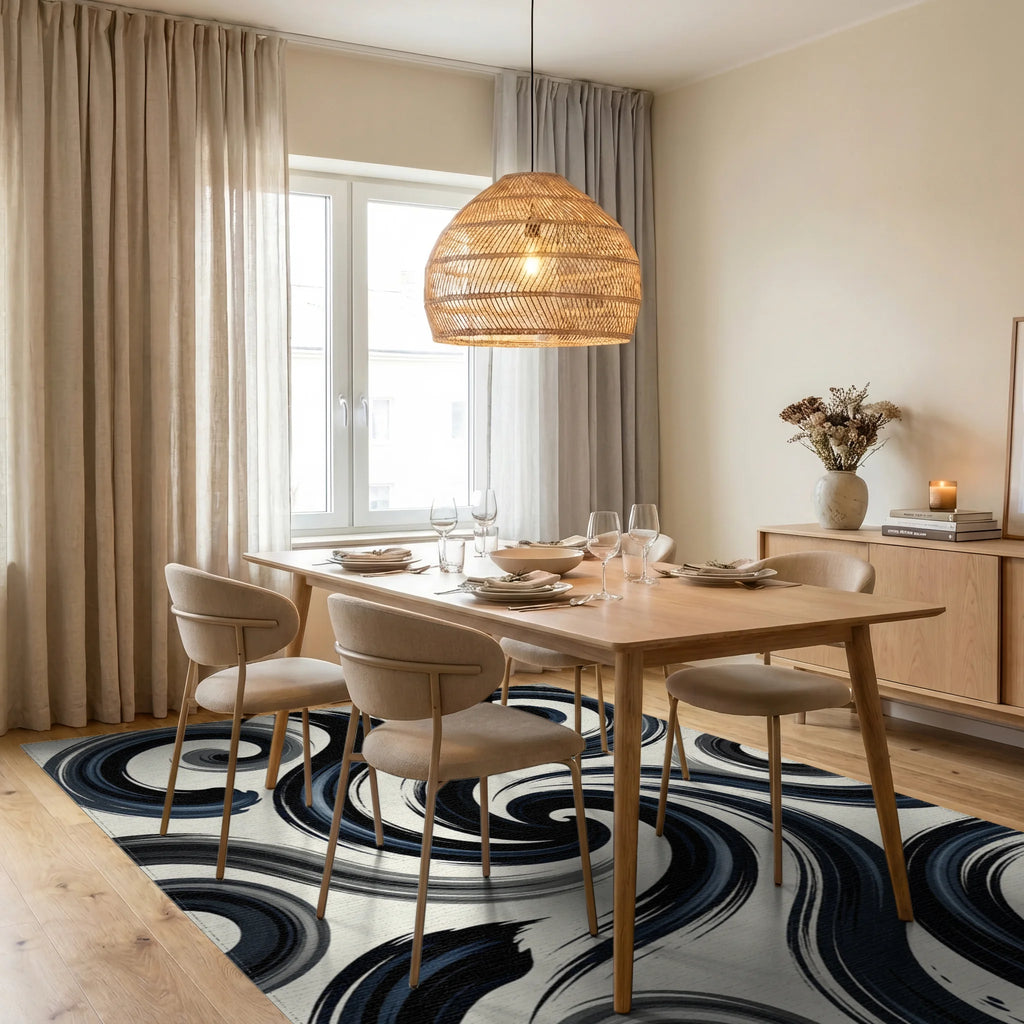 Dark Navy Swirls Abstract Brushstrokes Rug Dining Room View