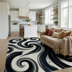 Dark Navy Swirls Abstract Brushstrokes Rug Living Room View