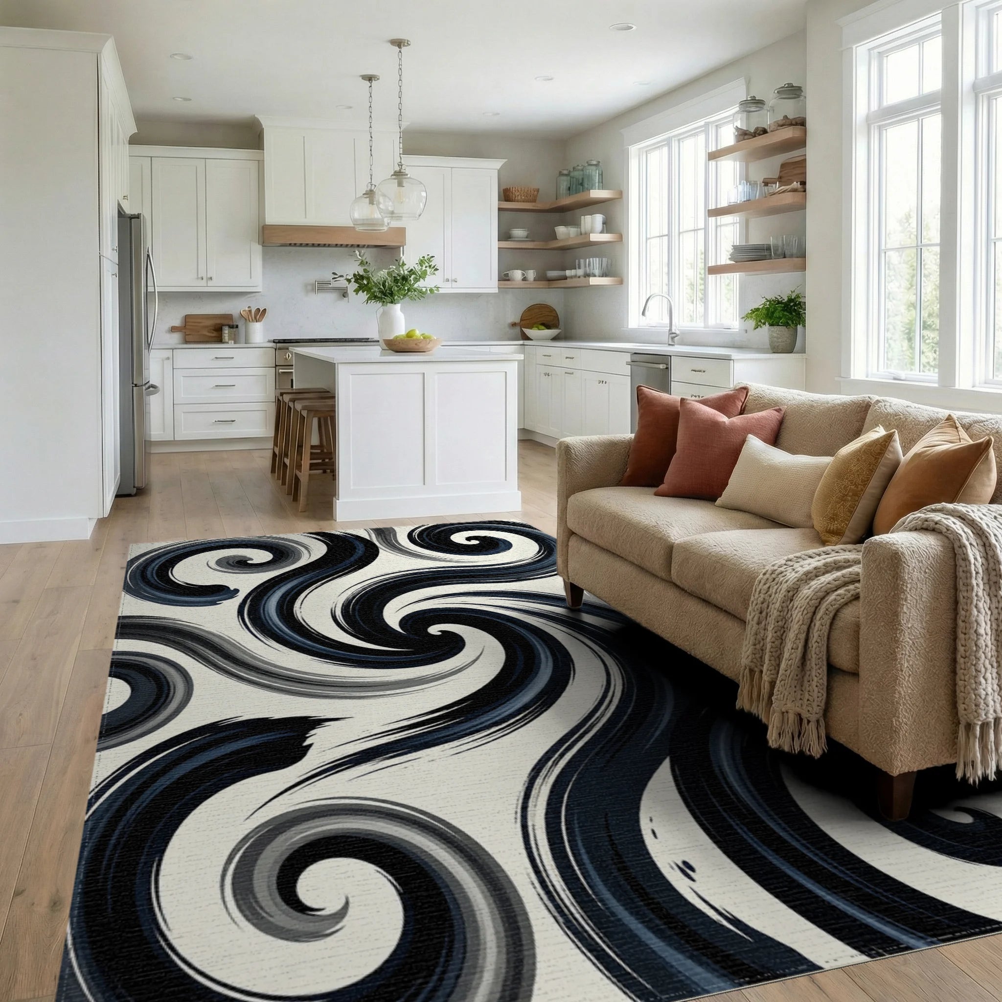 Dark Navy Swirls Abstract Brushstrokes Rug Living Room View