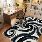Dark Navy Swirls Abstract Brushstrokes Rug Office View