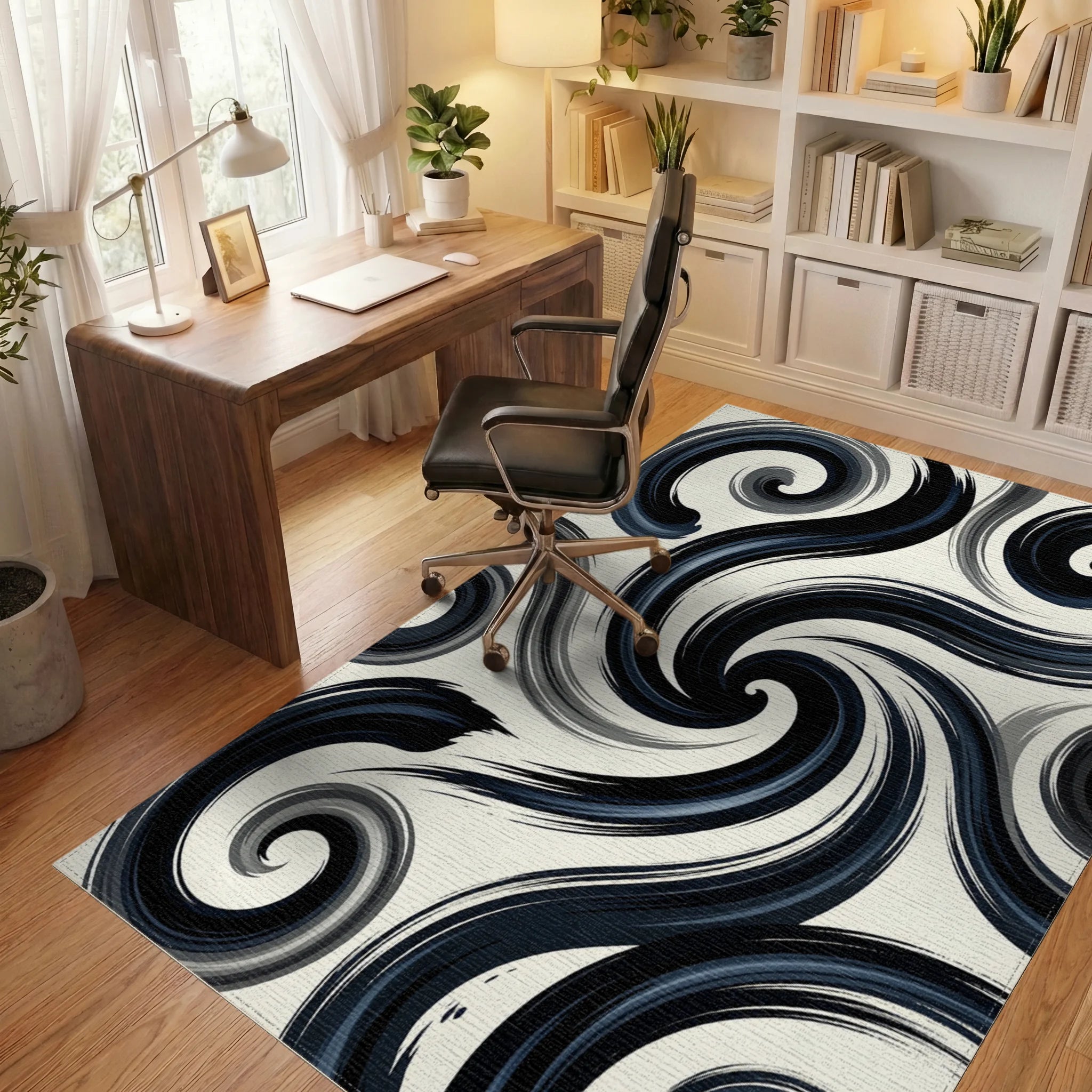 Dark Navy Swirls Abstract Brushstrokes Rug Office View