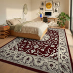 Dark Red Floral Medallion Pattern Rug Bedroom View