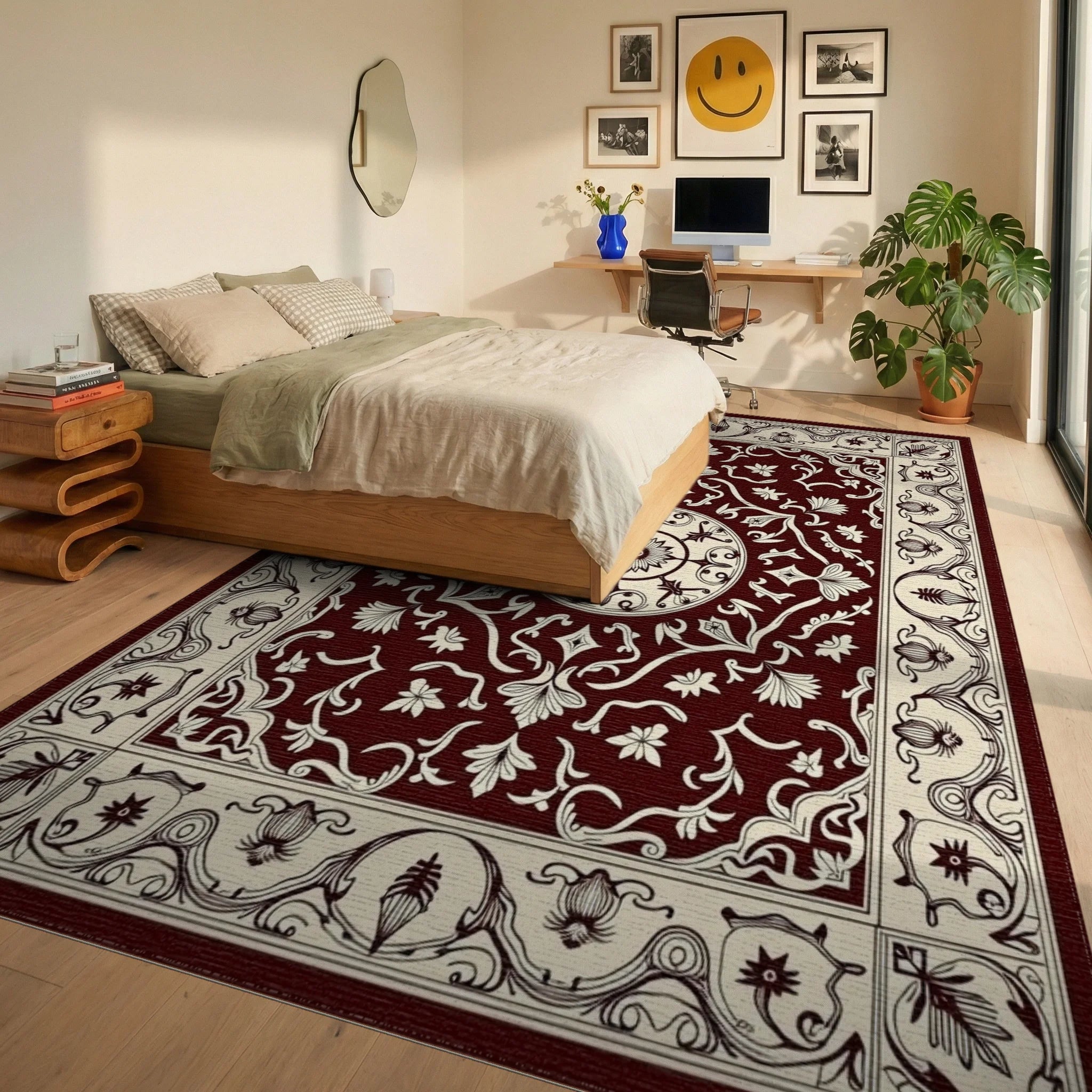 Dark Red Floral Medallion Pattern Rug Bedroom View