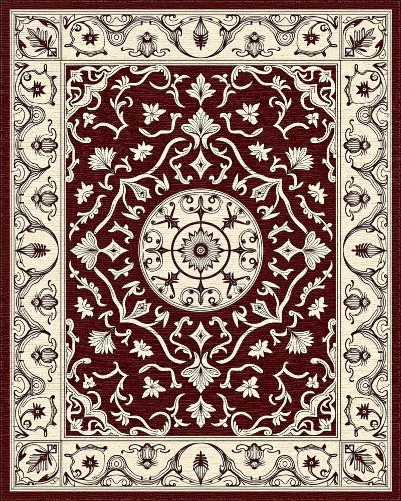 Dark Red Floral Medallion Pattern Rug - Cutout View