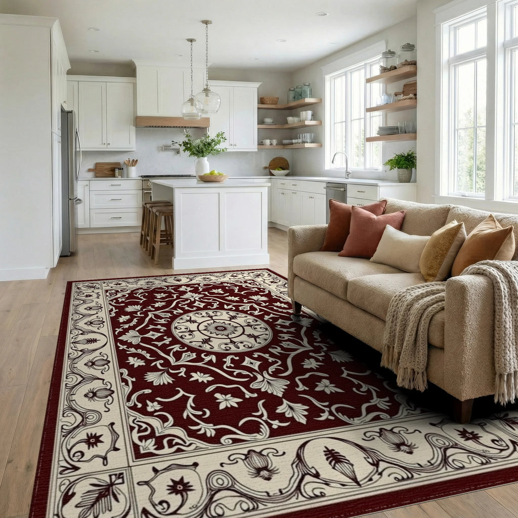 Dark Red Floral Medallion Pattern Rug Living Room View