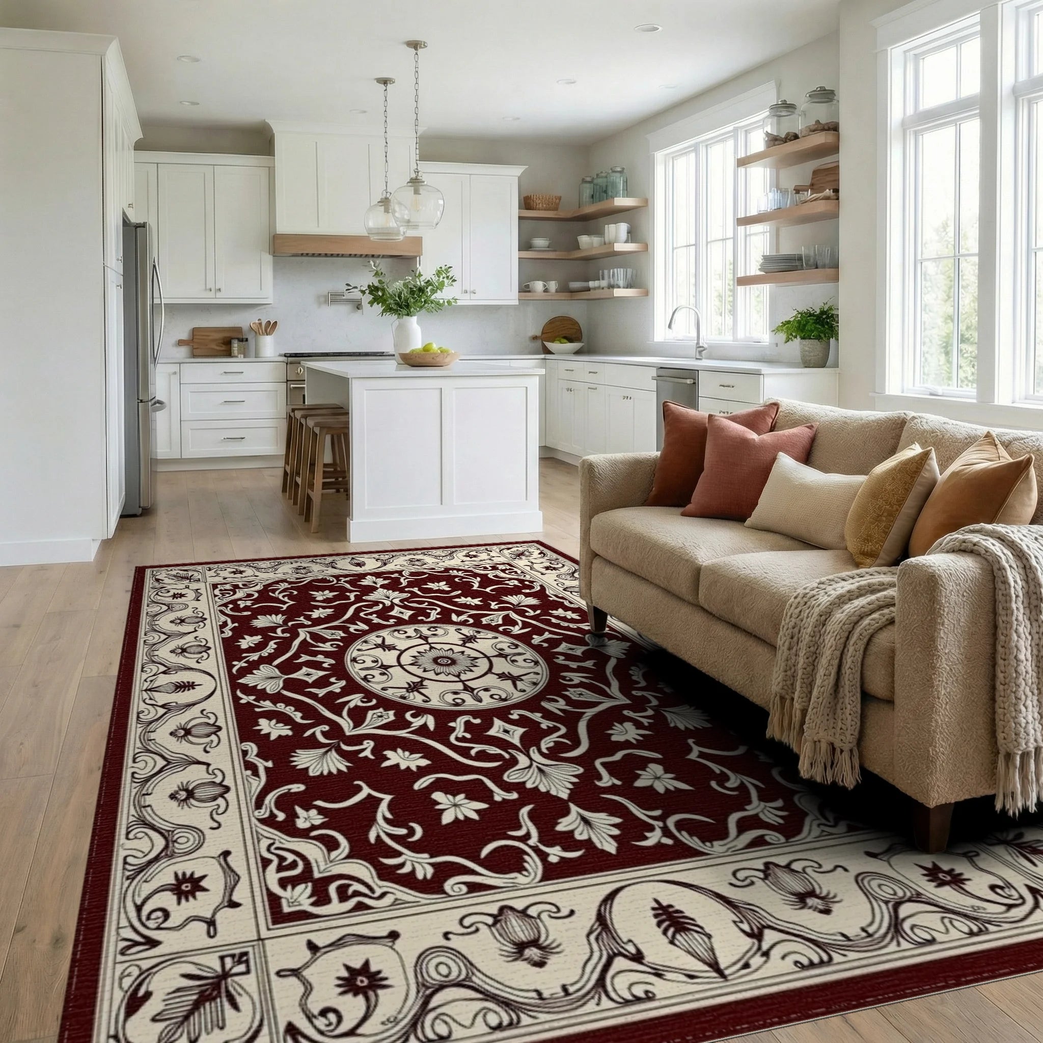 Dark Red Floral Medallion Pattern Rug Living Room View