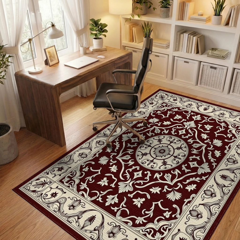 Dark Red Floral Medallion Pattern Rug Office View