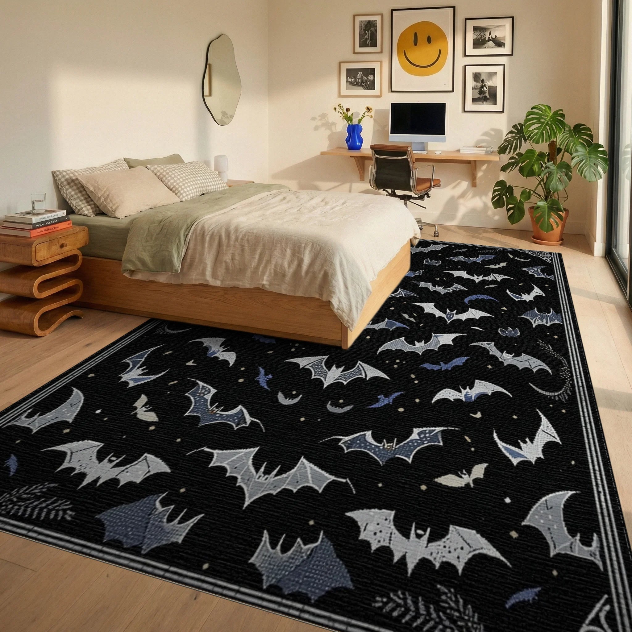 Dark Sky Bat Migration Rug - Bedroom View