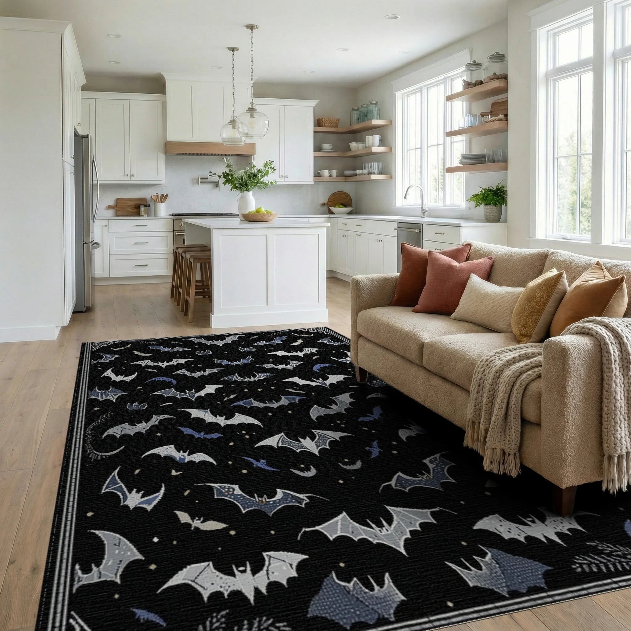 Dark Sky Bat Migration Rug - Living Room View