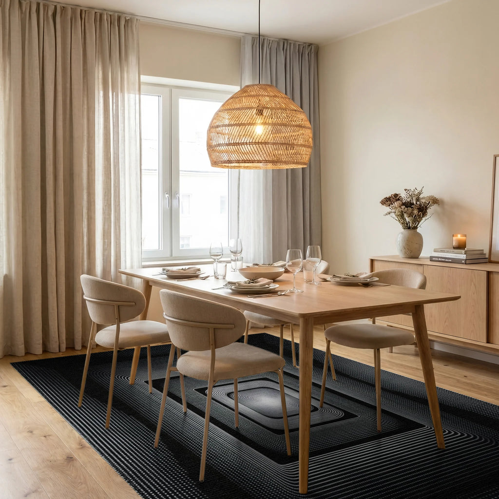 Deep Black White Concentric Squares Rug - Dining Room View