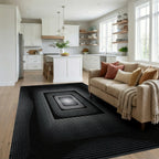 Deep Black White Concentric Squares Rug - Living Room View