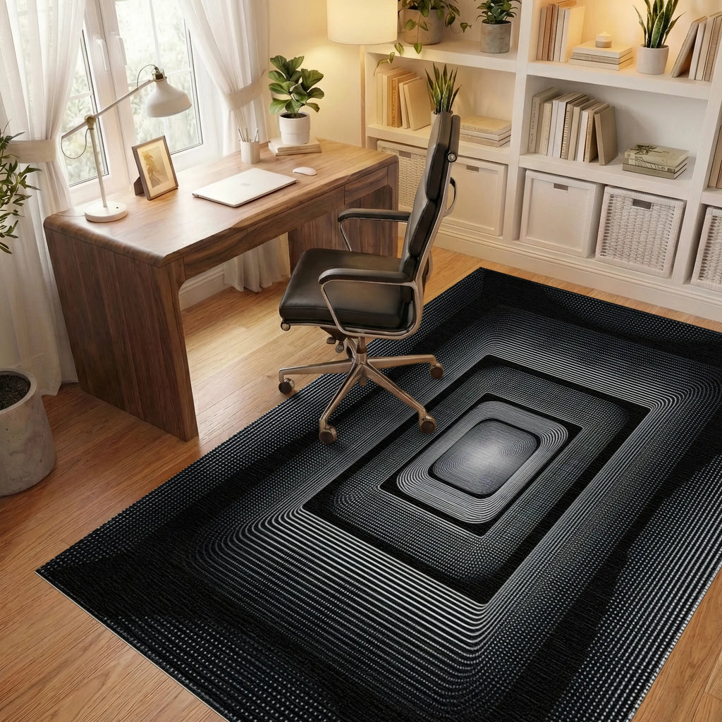 Deep Black White Concentric Squares Rug - Office View
