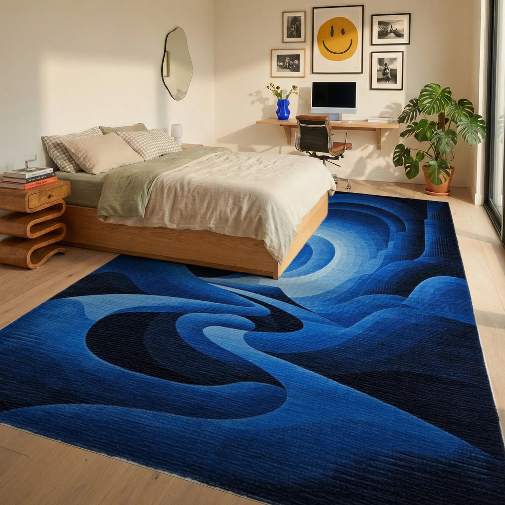 Deep Blue Abstract Gradient Landscape Rug - Bedroom View
