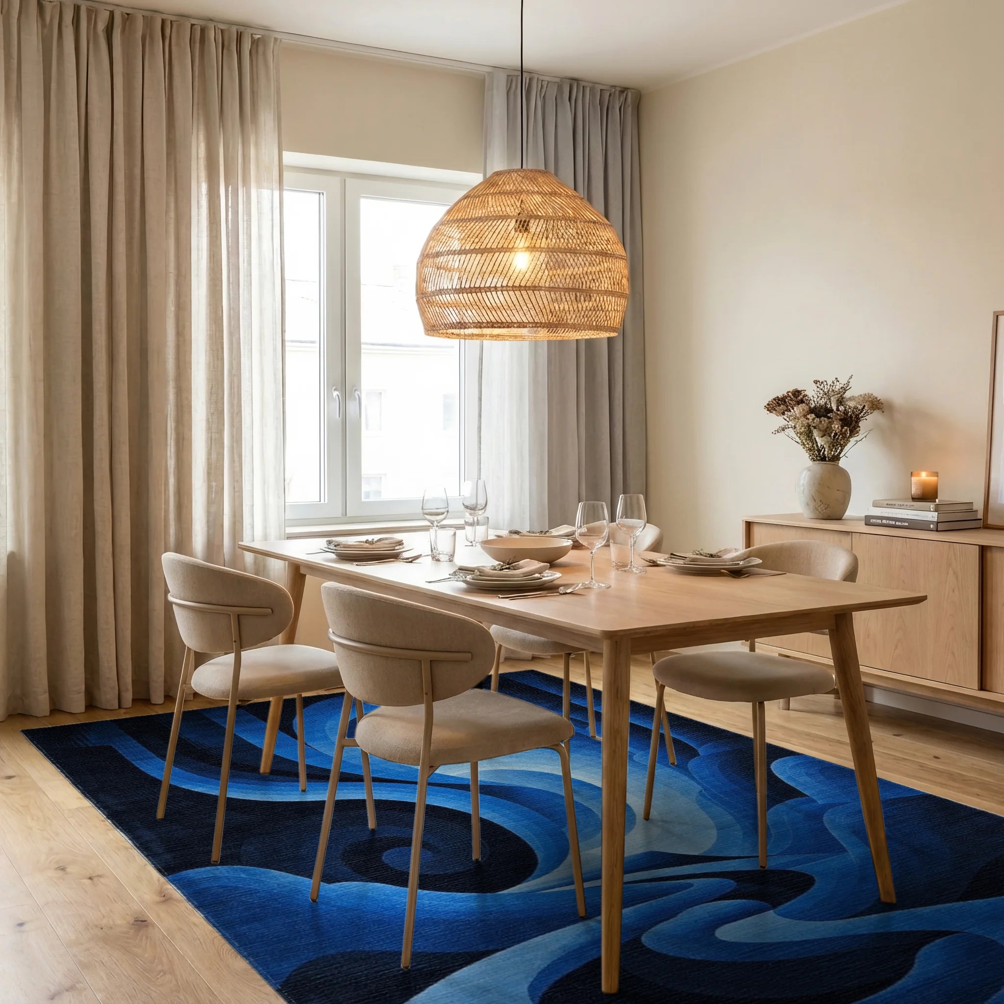 Deep Blue Abstract Gradient Landscape Rug - Dining Room View