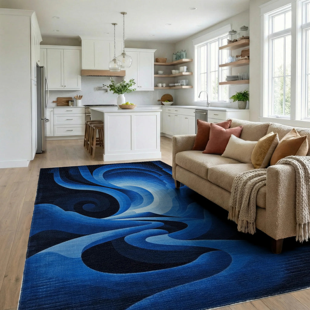 Deep Blue Abstract Gradient Landscape Rug - Living Room View