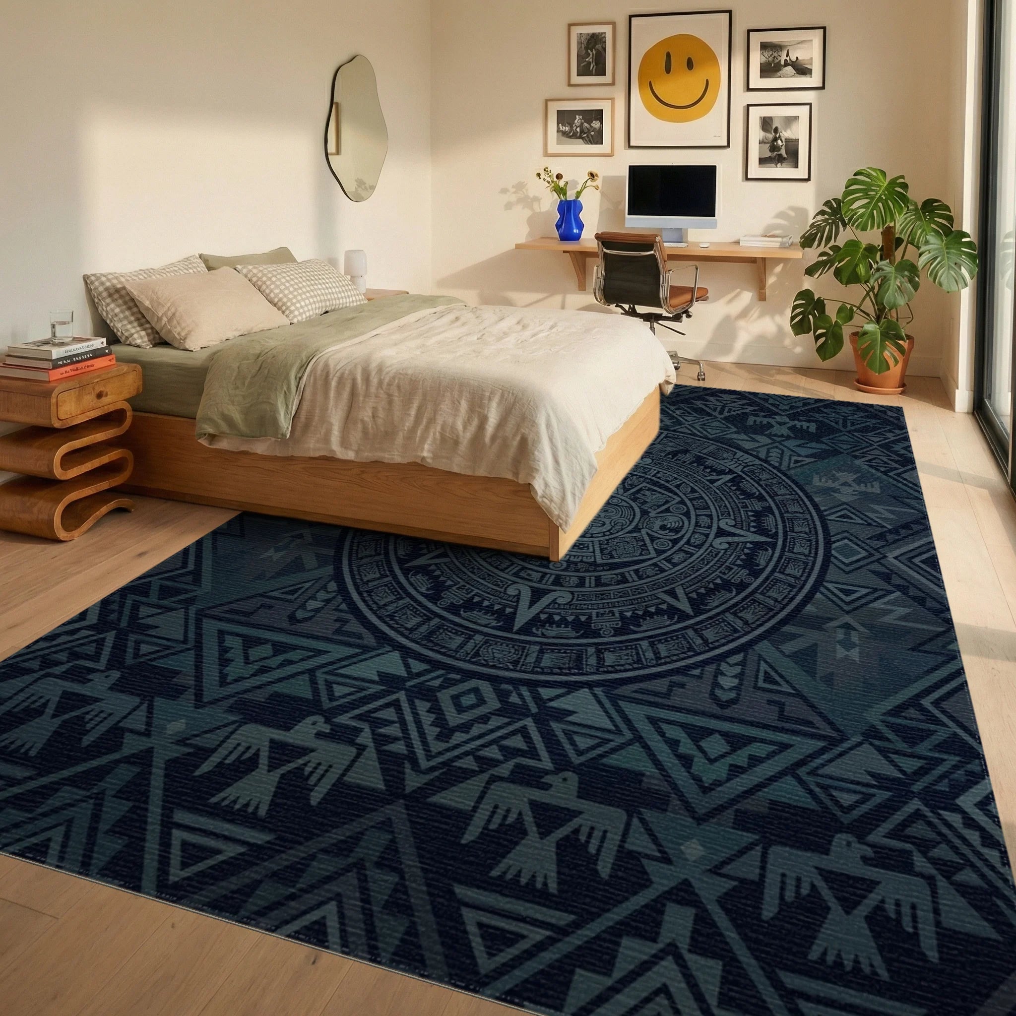 Deep Blue Aztec Sun Medallion Rug Bedroom View