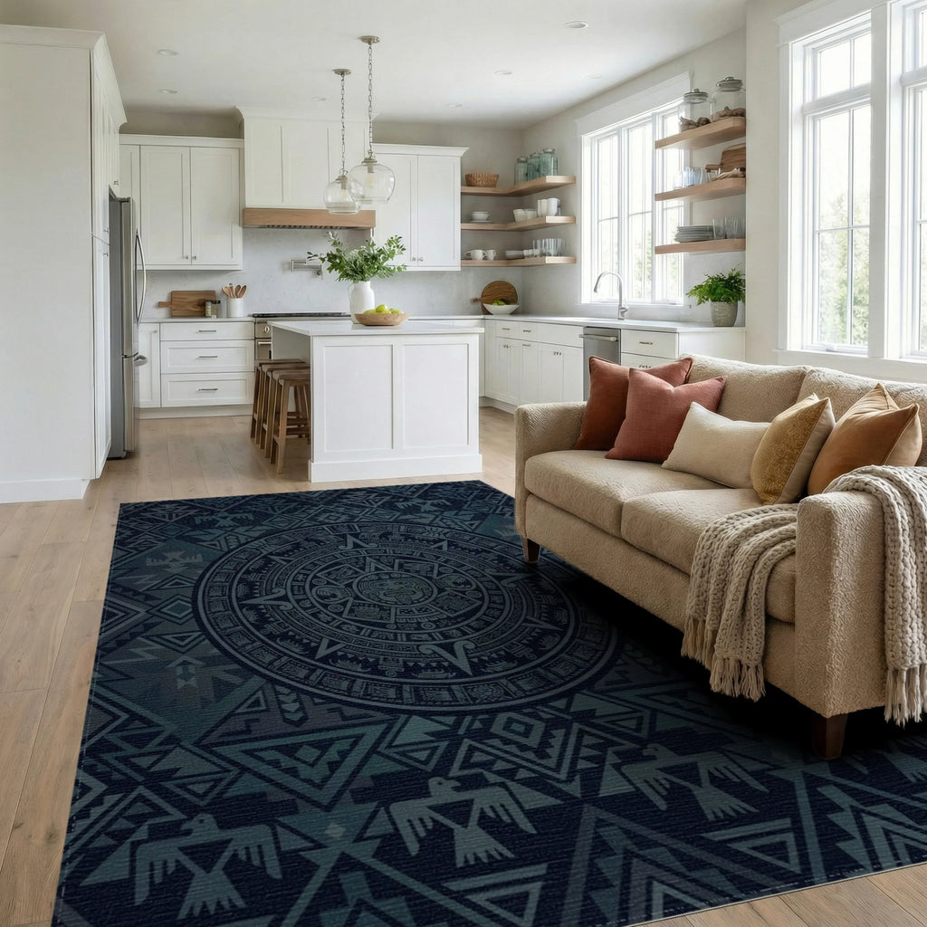 Deep Blue Aztec Sun Medallion Rug Living Room View