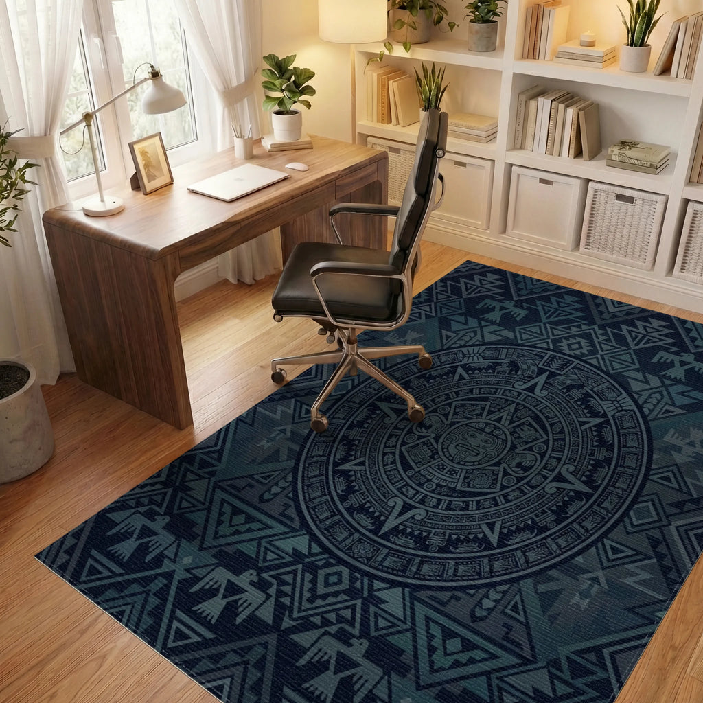 Deep Blue Aztec Sun Medallion Rug Office View