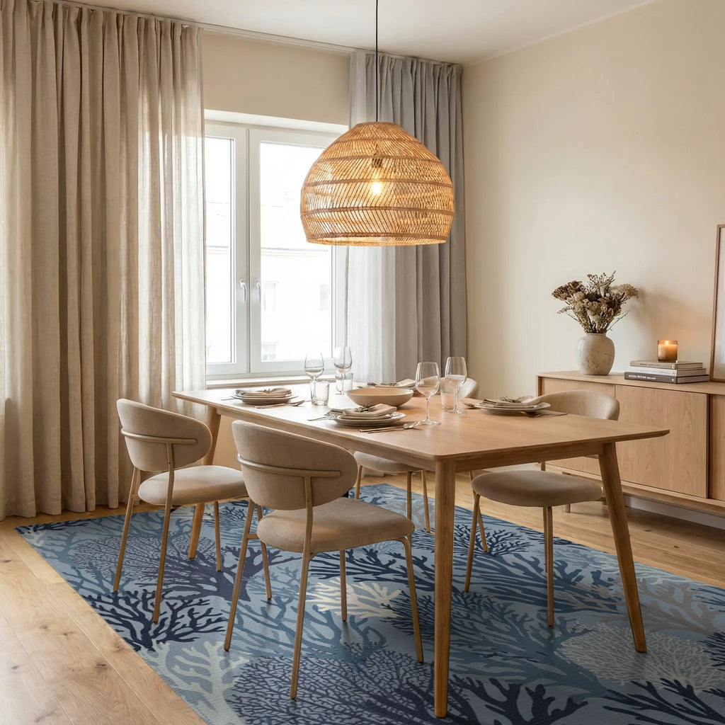 Deep Blue Coral Reef Collection Rug Dining Room View