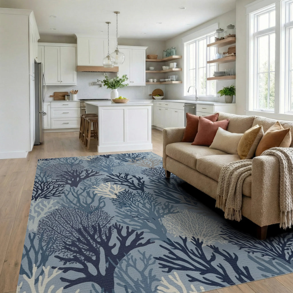 Deep Blue Coral Reef Collection Rug Living Room View