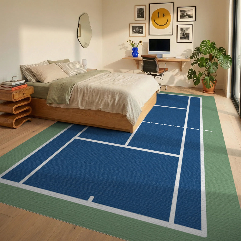 Deep Blue Court Geometric Stripes Rug Bedroom View