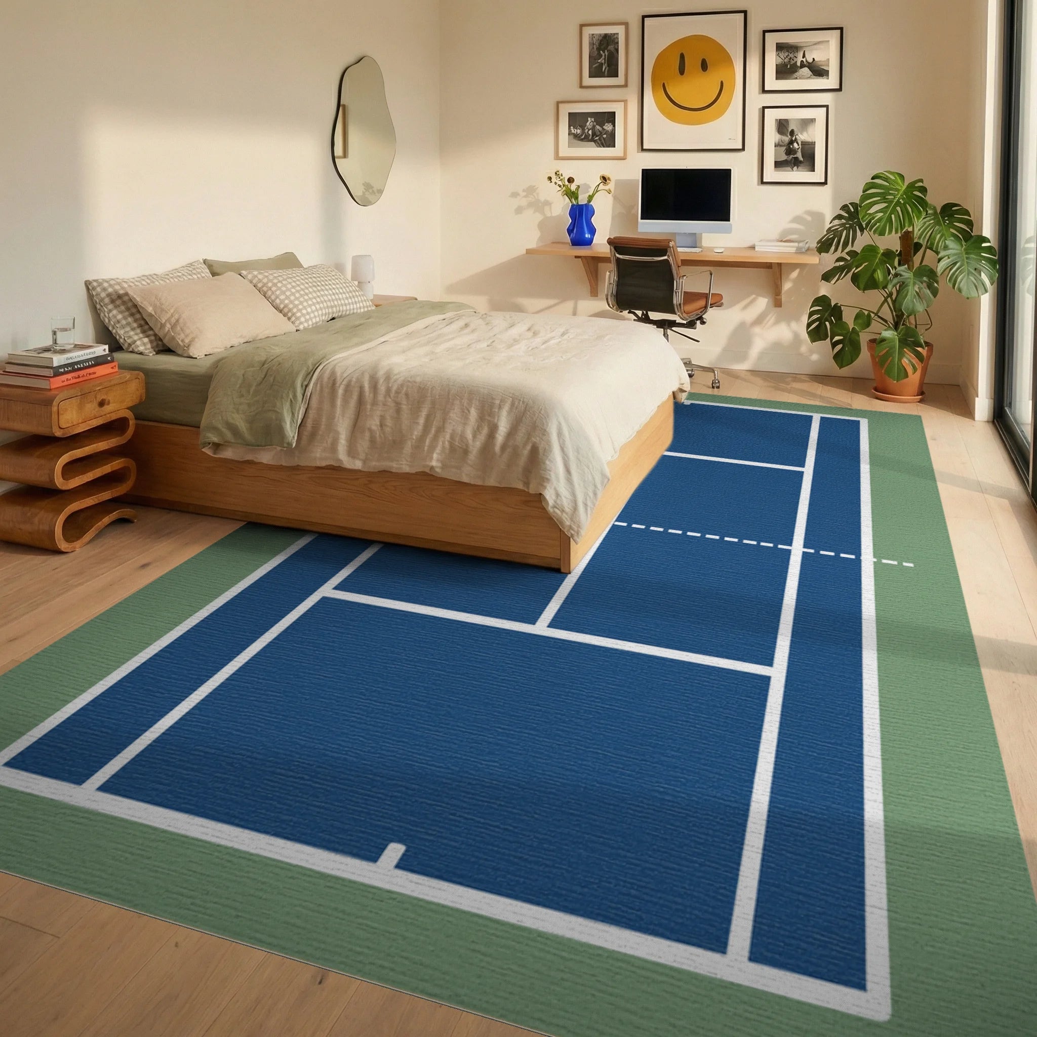 Deep Blue Court Geometric Stripes Rug Bedroom View