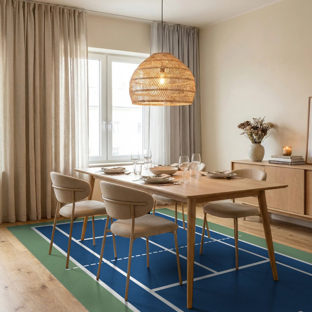 Deep Blue Court Geometric Stripes Rug Dining Room View