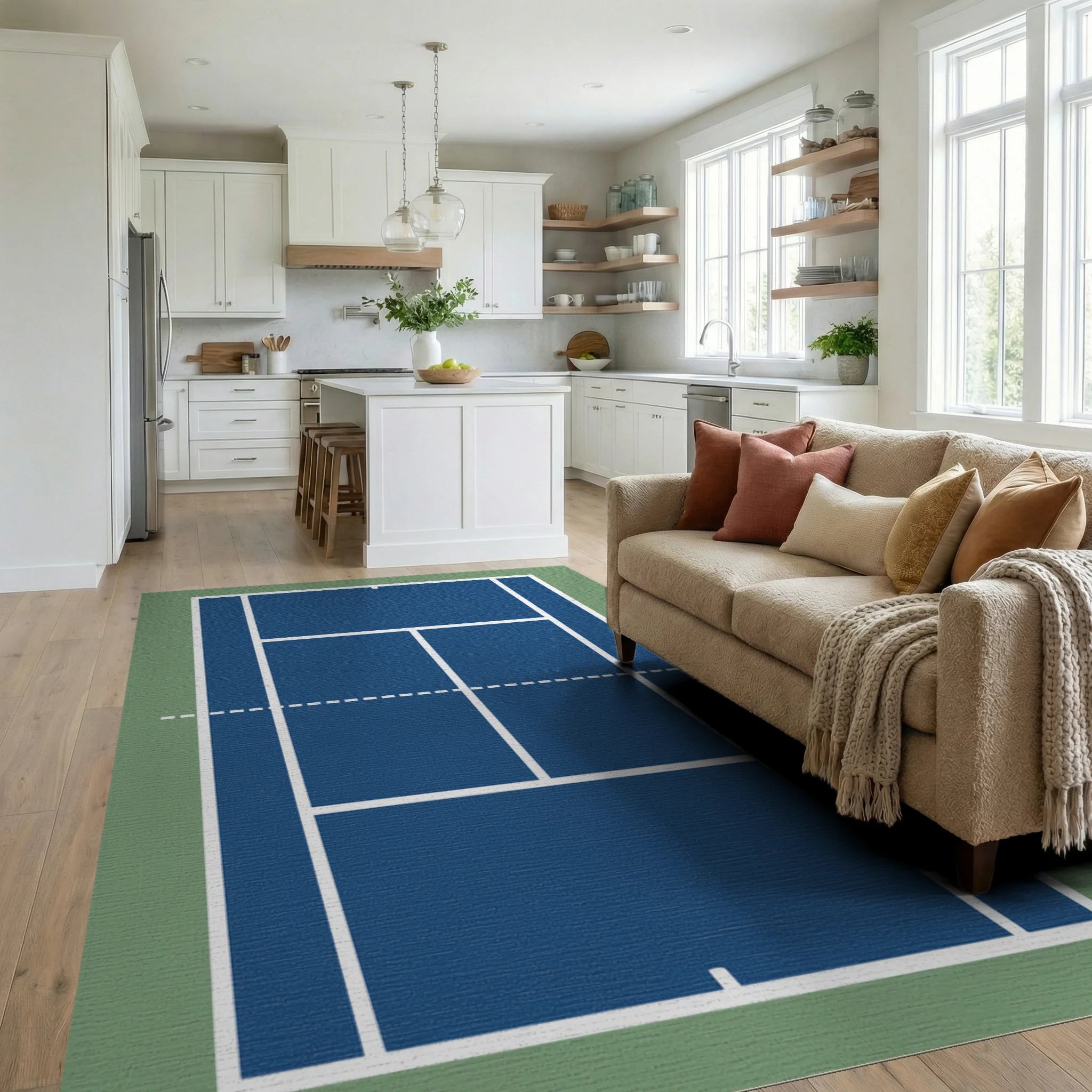 Deep Blue Court Geometric Stripes Rug Living Room View