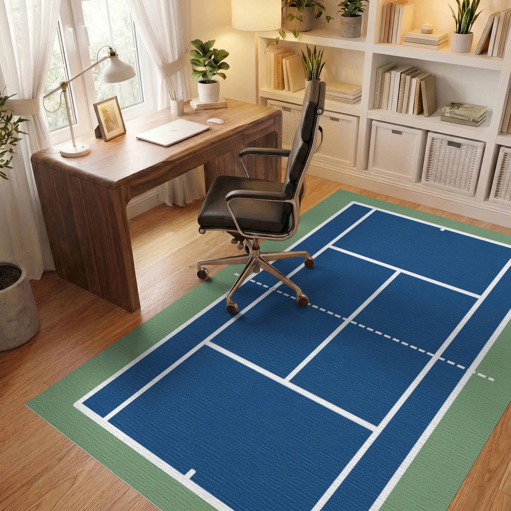 Deep Blue Court Geometric Stripes Rug Office View