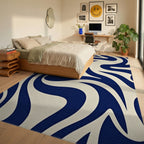 Deep Blue Cream Swirl Abstract Rug Bedroom View