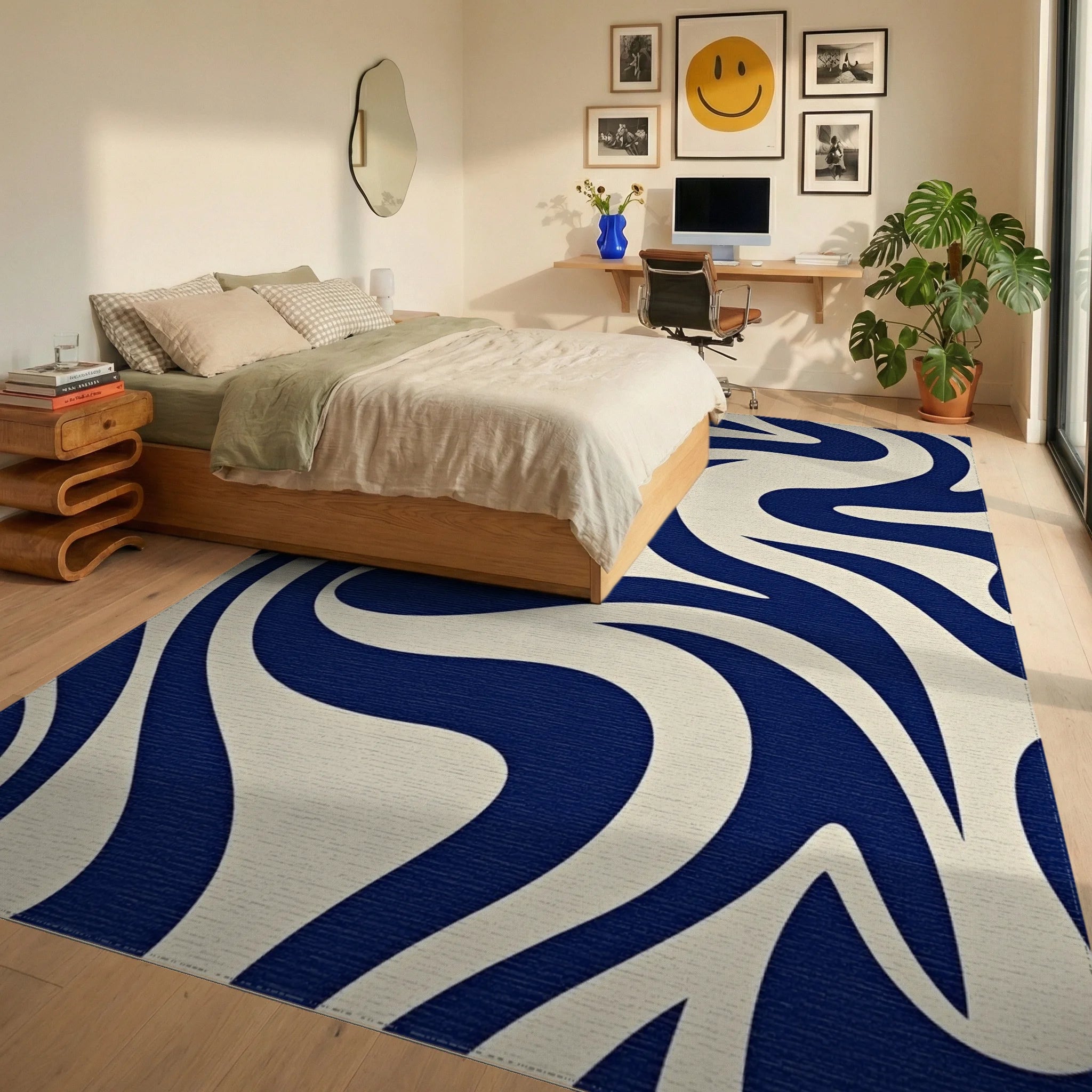 Deep Blue Cream Swirl Abstract Rug Bedroom View
