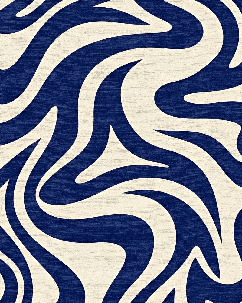 Deep Blue Cream Swirl Abstract Rug - Cutout View