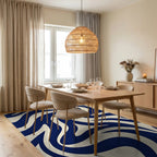 Deep Blue Cream Swirl Abstract Rug Dining Room View