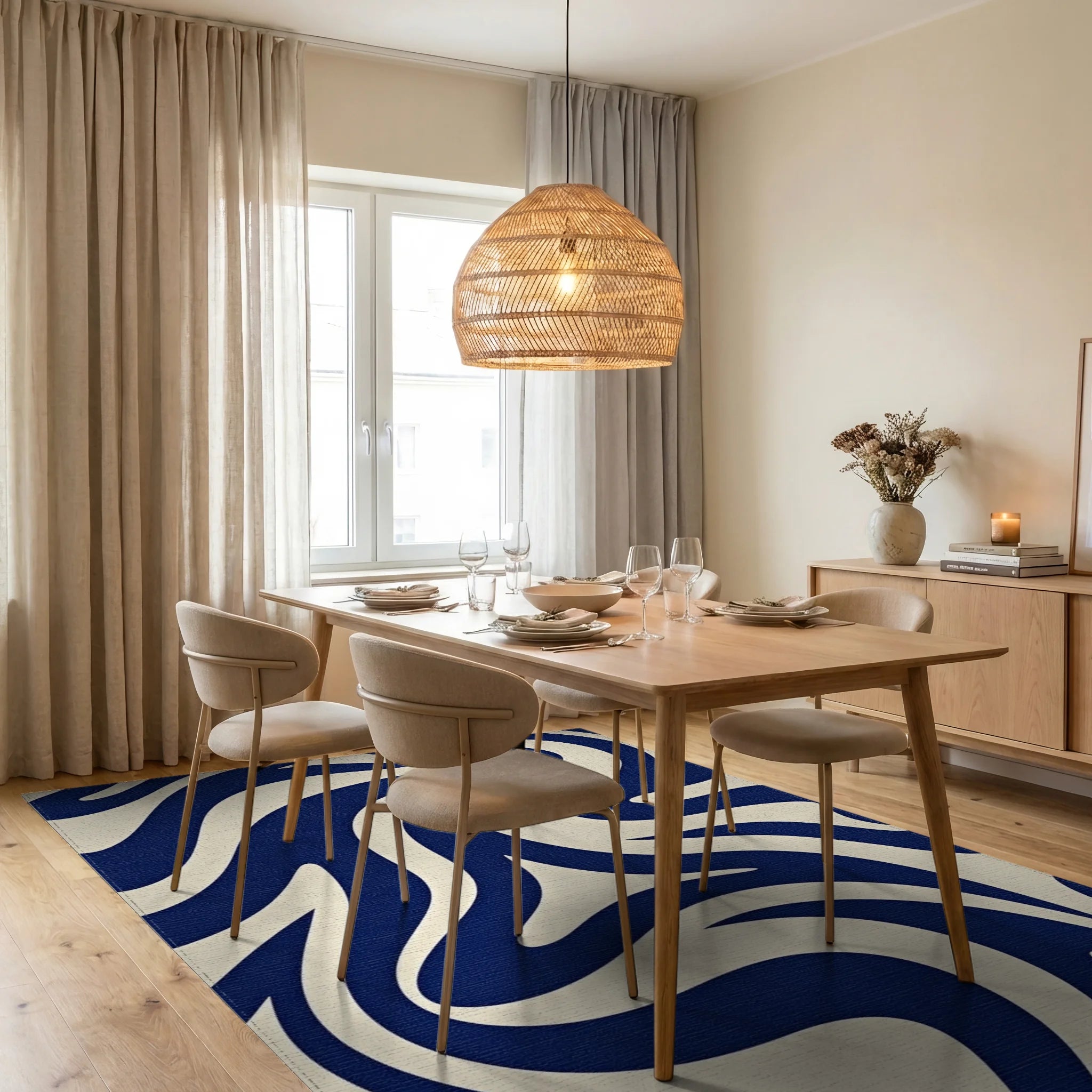 Deep Blue Cream Swirl Abstract Rug Dining Room View