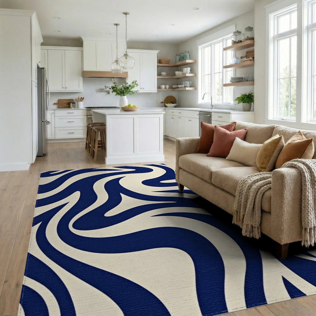 Deep Blue Cream Swirl Abstract Rug Living Room View