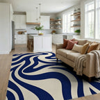 Deep Blue Cream Swirl Abstract Rug Living Room View