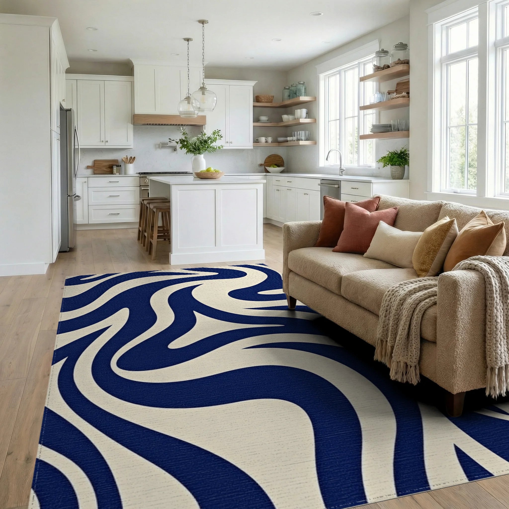 Deep Blue Cream Swirl Abstract Rug Living Room View