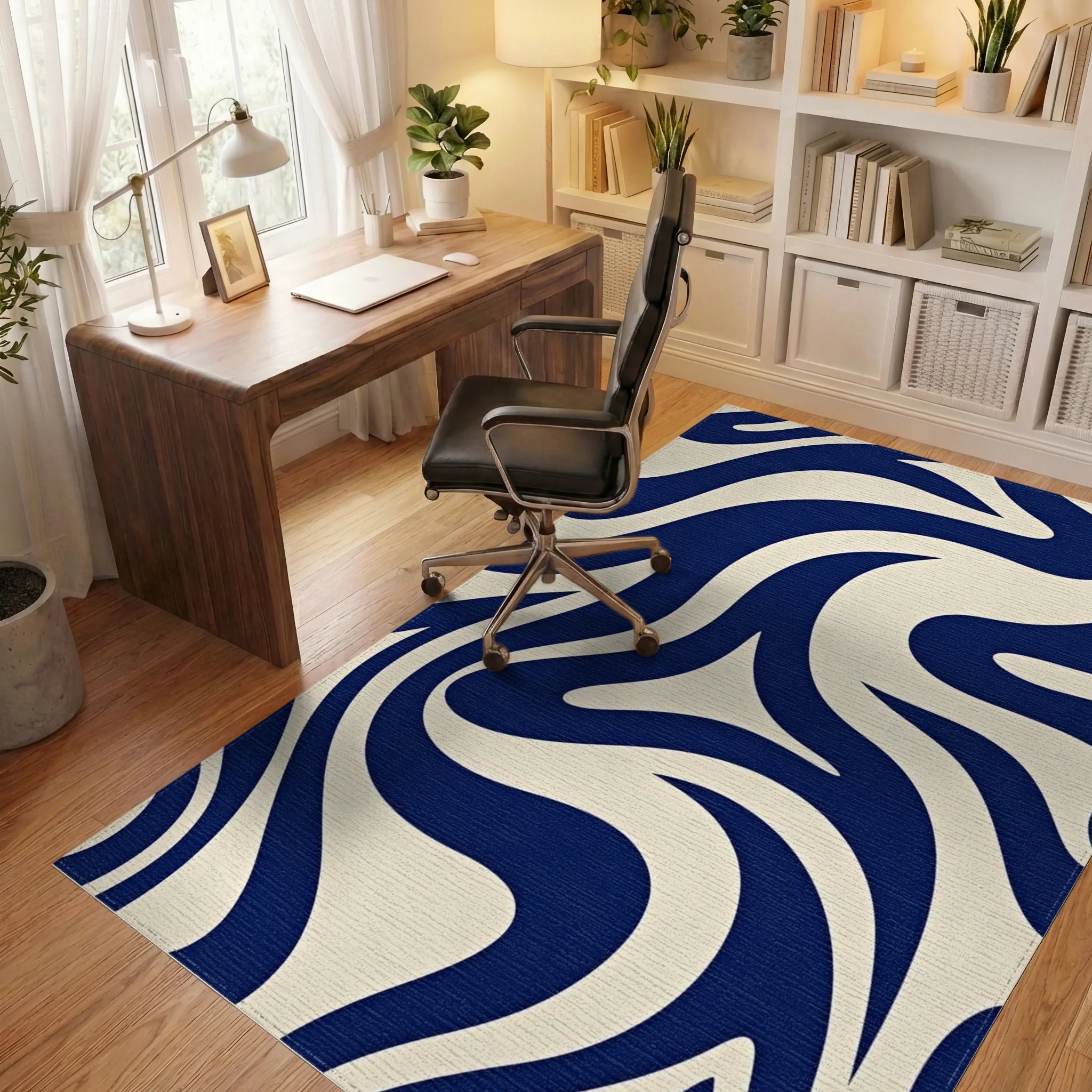 Deep Blue Cream Swirl Abstract Rug Office View