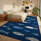 Deep Blue Fish Collection Rug - Bedroom View