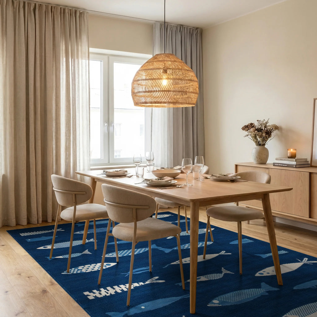 Deep Blue Fish Collection Rug - Dining Room View