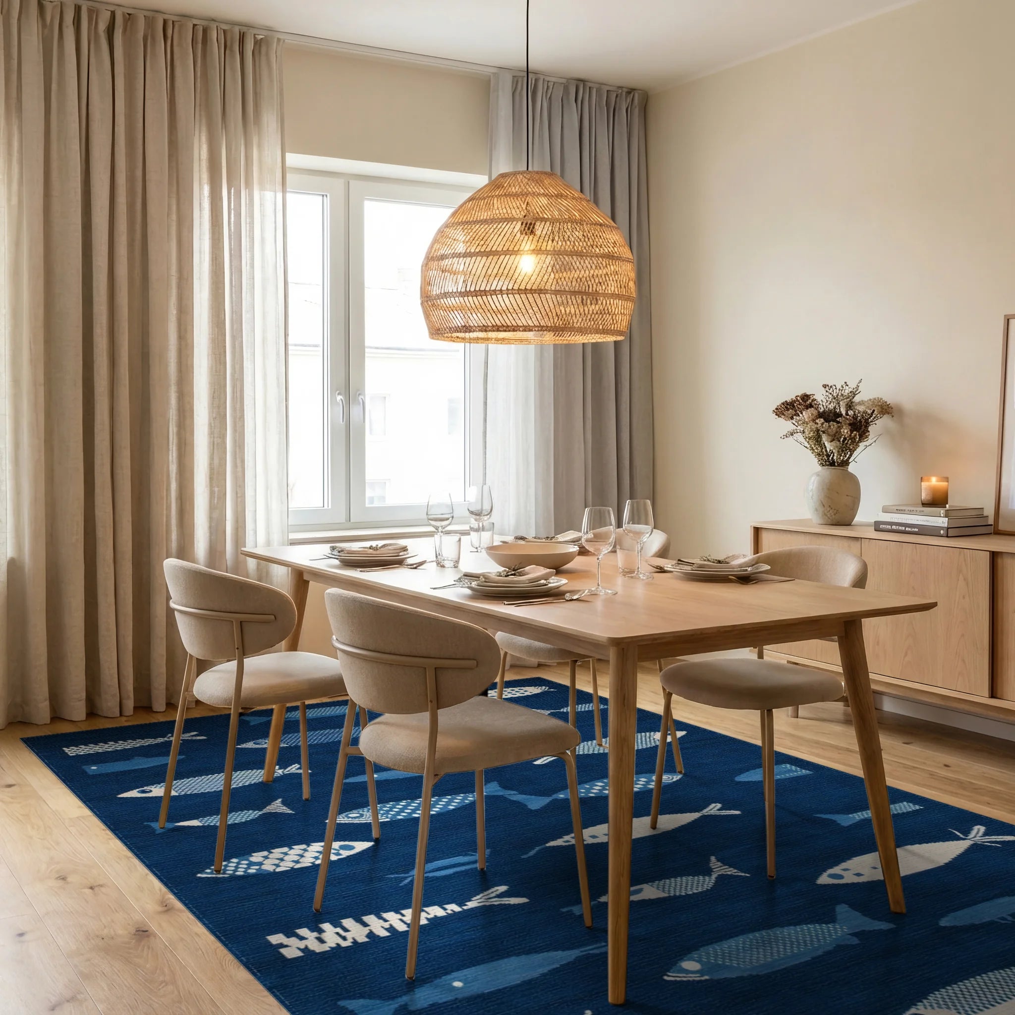 Deep Blue Fish Collection Rug - Dining Room View