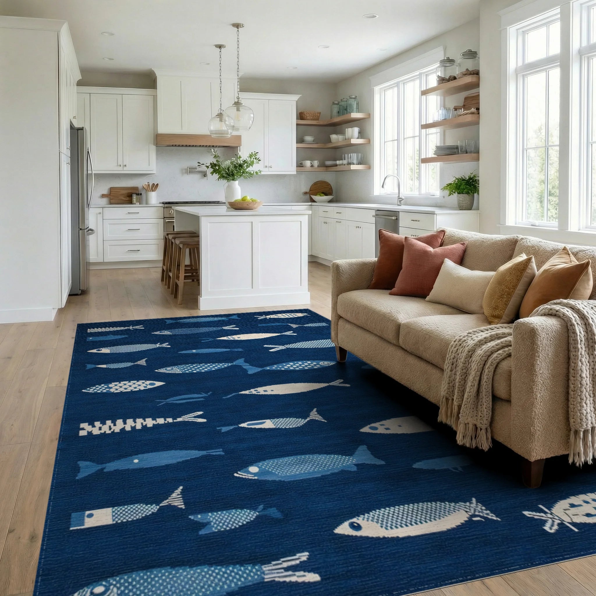 Deep Blue Fish Collection Rug - Living Room View