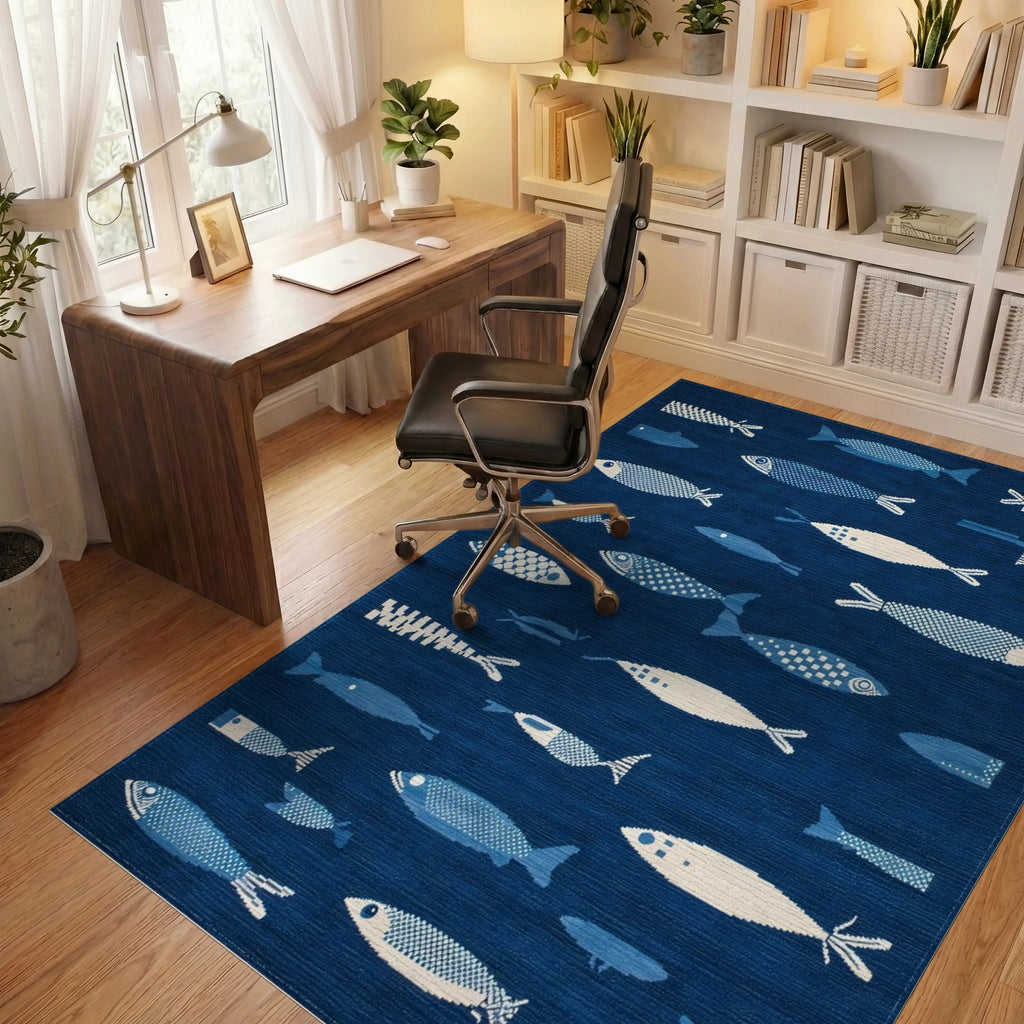 Deep Blue Fish Collection Rug - Office View