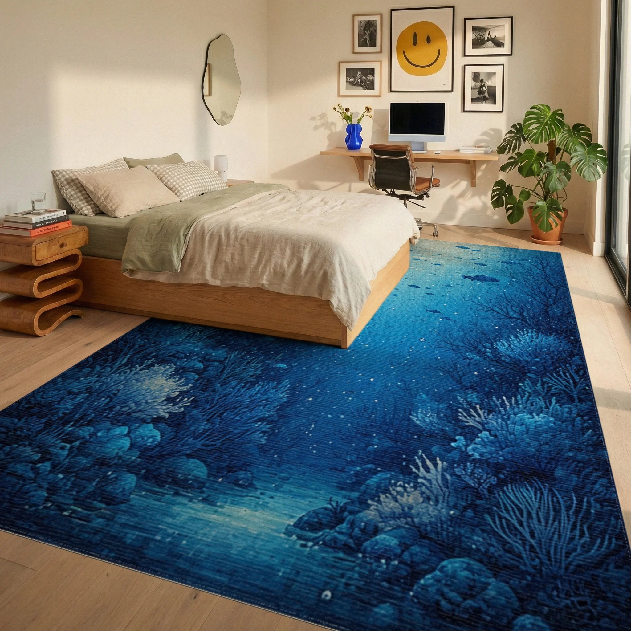 Deep Blue Fish Coral Reef Rug Bedroom View