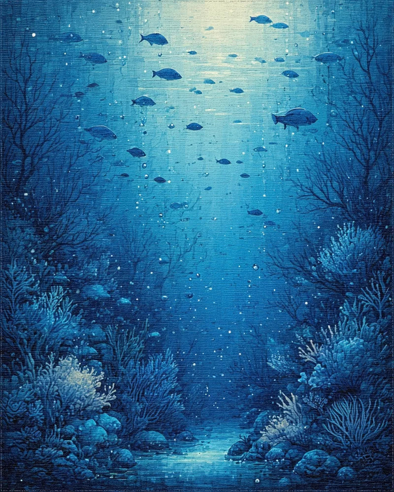 Deep Blue Fish Coral Reef Rug - Cutout View