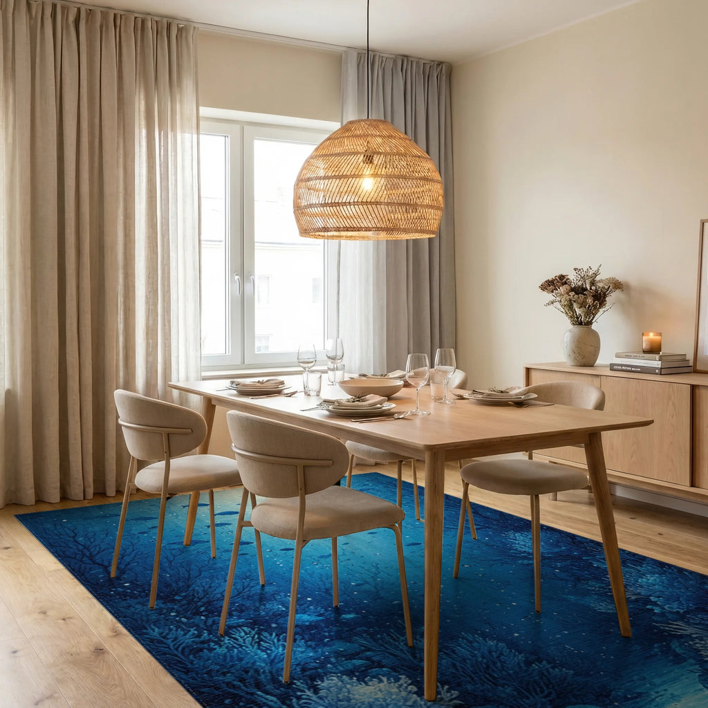 Deep Blue Fish Coral Reef Rug Dining Room View