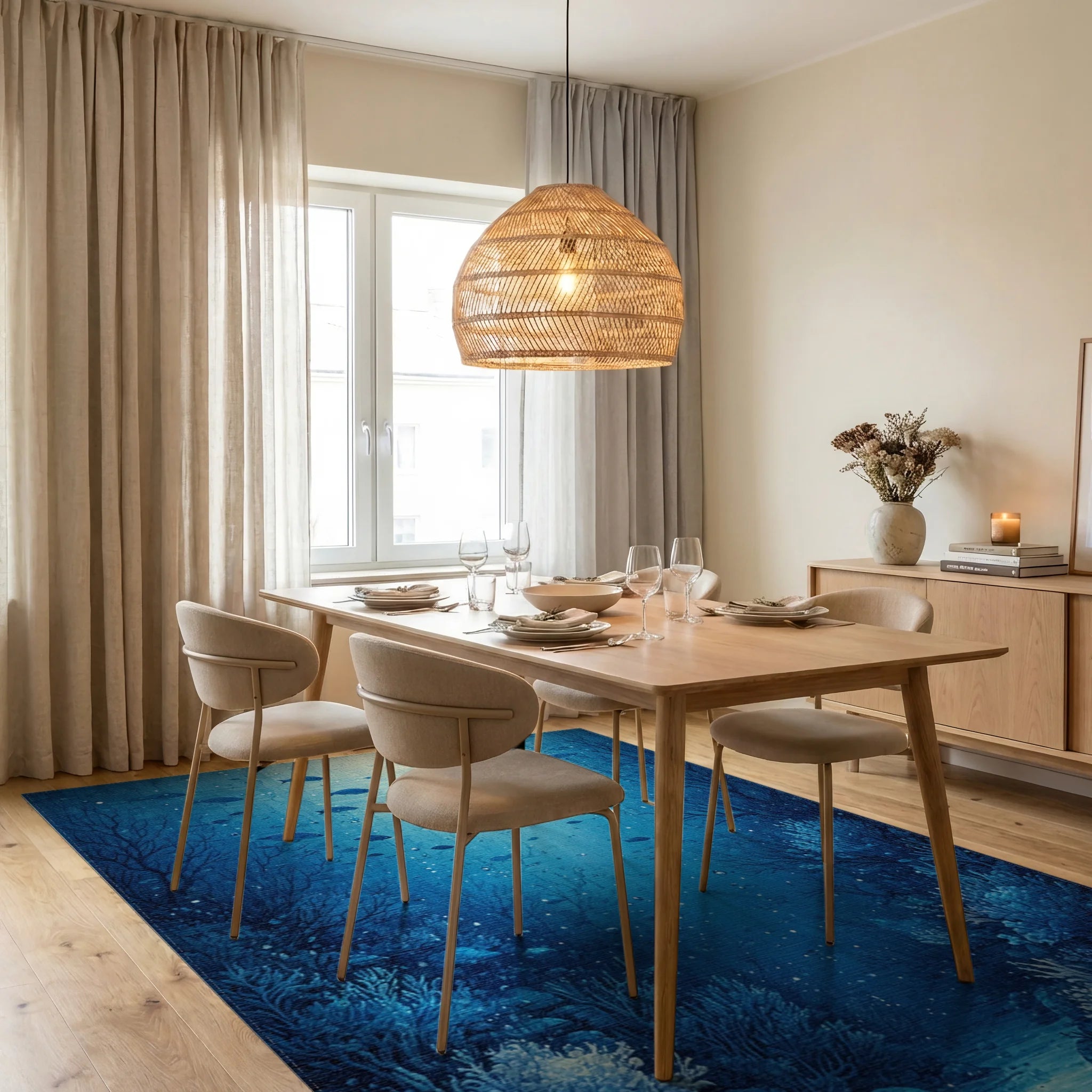 Deep Blue Fish Coral Reef Rug Dining Room View