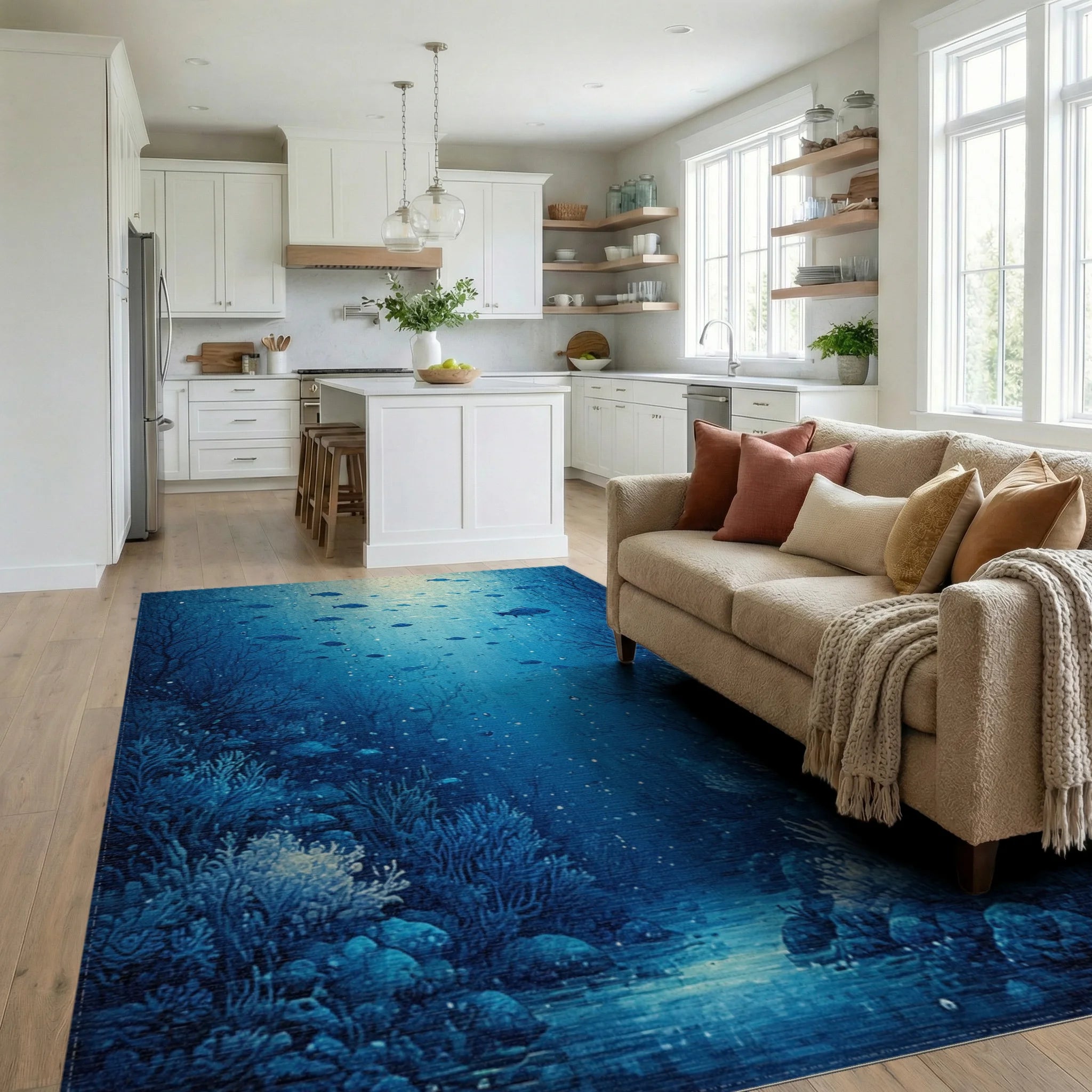 Deep Blue Fish Coral Reef Rug Living Room View